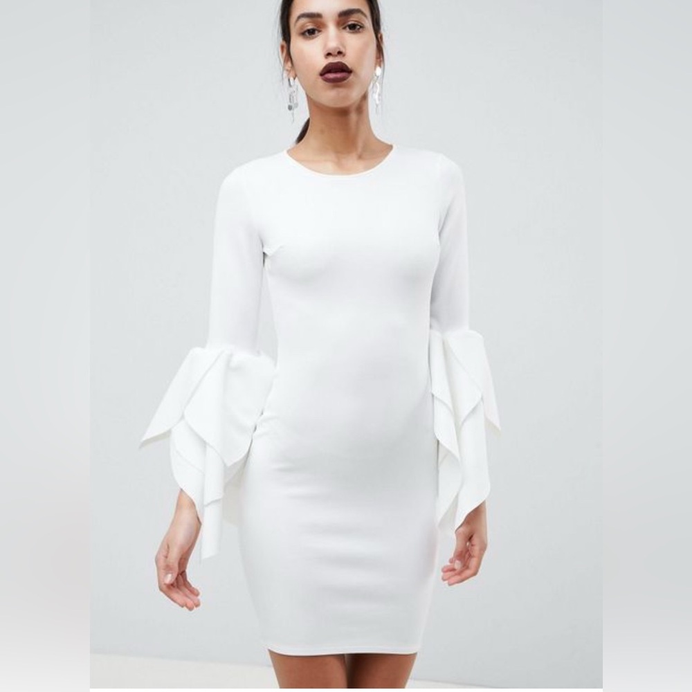 Club L London Scuba Bodycon White Ruffle Sleeve  Dress - Size